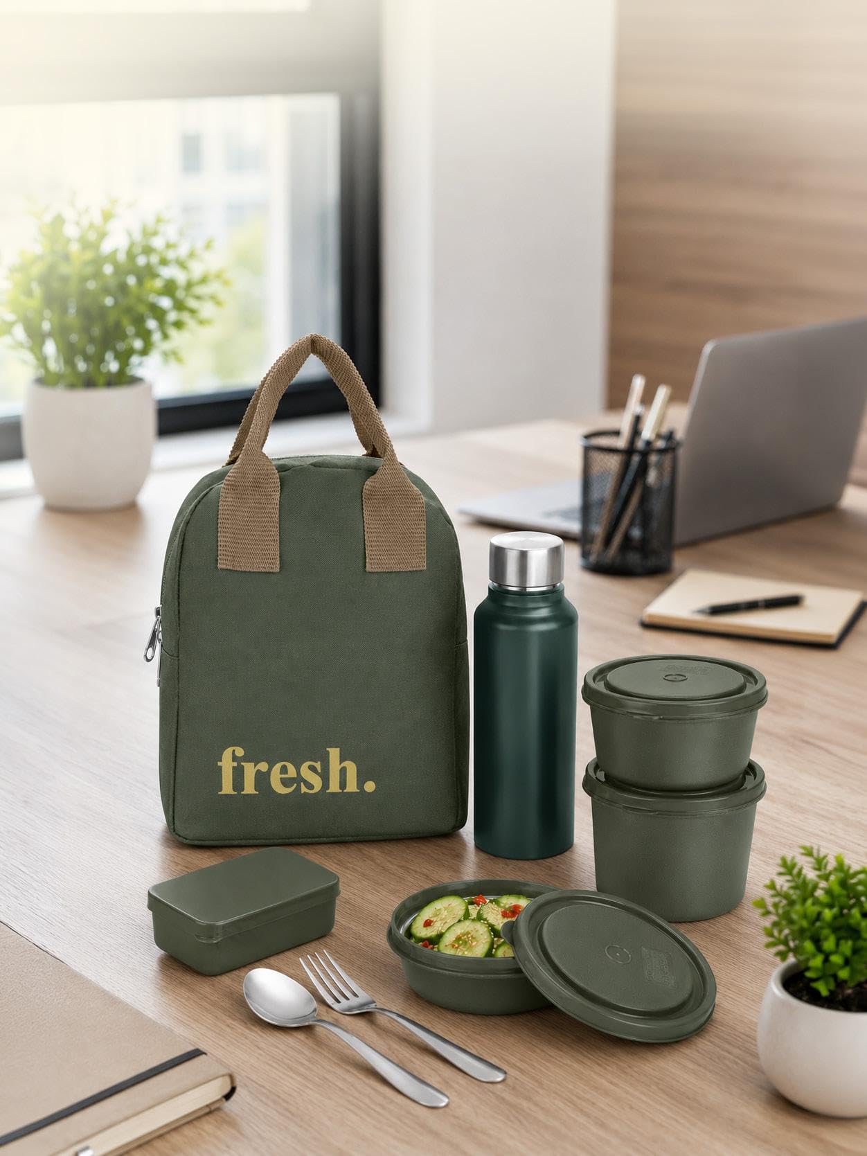 CLASSIC ESSENTIALS Fresh Microwave Safe Lunch Set of 5 | 250ml, 400ml & 600ml Containers | 600ml Steel Bottle, Insulated Carry Bag & Cutlery | Containers | BPA-Free Food Storage Set-Green