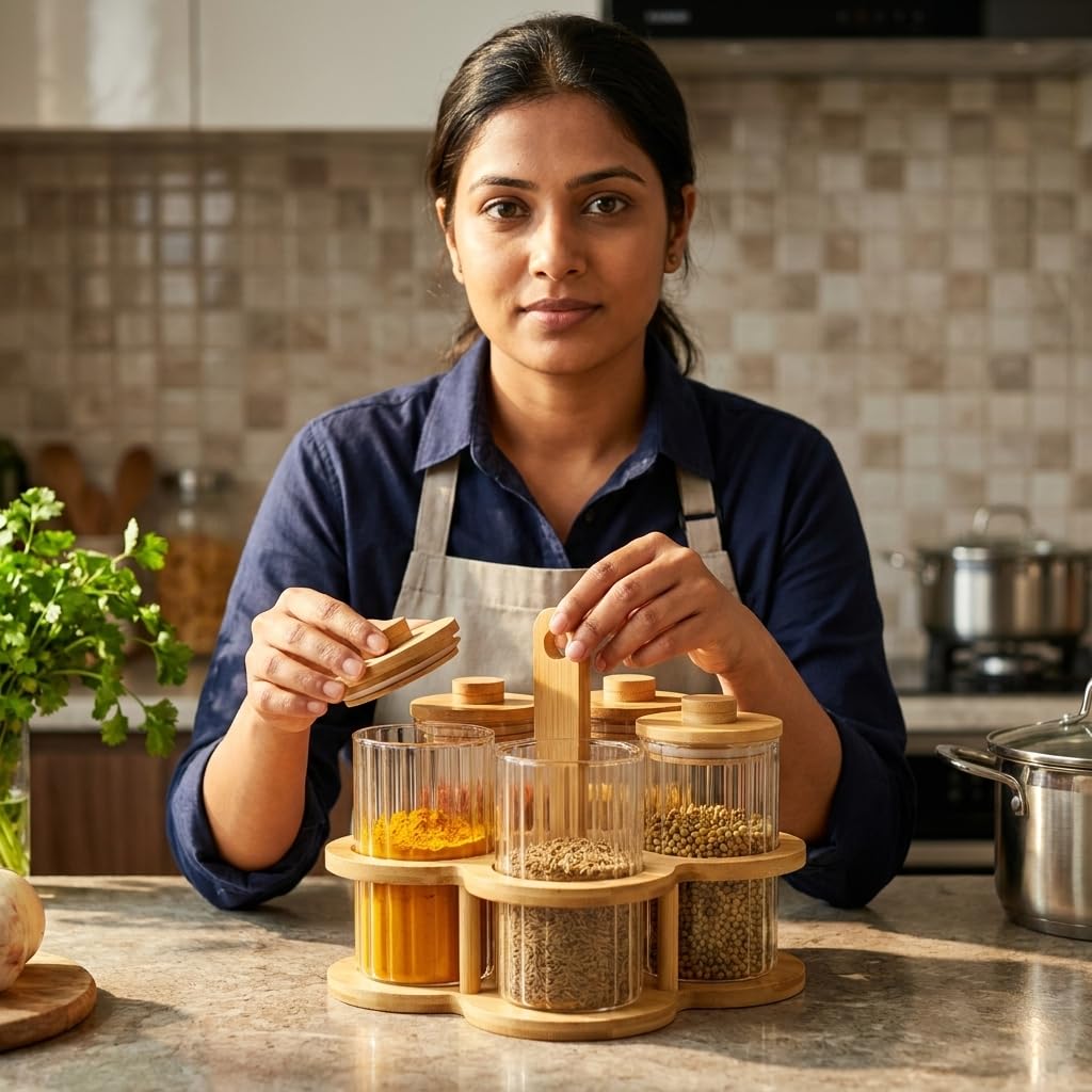 Classic Essentials Glass Storage Jar Set with Bamboo Rack, 5 Pieces, 550 ml Each, Airtight Glass Kitchen Organizer & Storage Containers for Tea, Coffee, Sugar, Dry Fruits, Snacks & Pantry Organization
