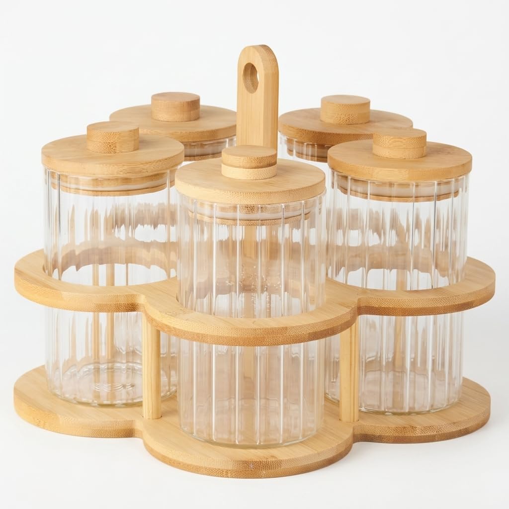 Classic Essentials Glass Storage Jar Set with Bamboo Rack, 8 Pieces, 300 ml Each, Airtight Glass Kitchen Organizer & Storage Containers for Tea, Coffee, Sugar, Spices, Dry Fruits & Pantry Organization