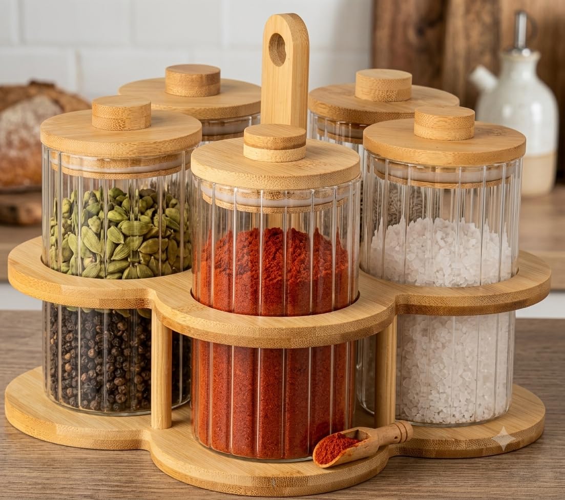 Classic Essentials Glass Storage Jar Set with Bamboo Rack, 8 Pieces, 300 ml Each, Airtight Glass Kitchen Organizer & Storage Containers for Tea, Coffee, Sugar, Spices, Dry Fruits & Pantry Organization