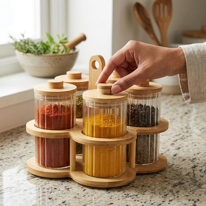 Classic Essentials Glass Storage Jar Set with Bamboo Rack, 8 Pieces, 300 ml Each, Airtight Glass Kitchen Organizer & Storage Containers for Tea, Coffee, Sugar, Spices, Dry Fruits & Pantry Organization