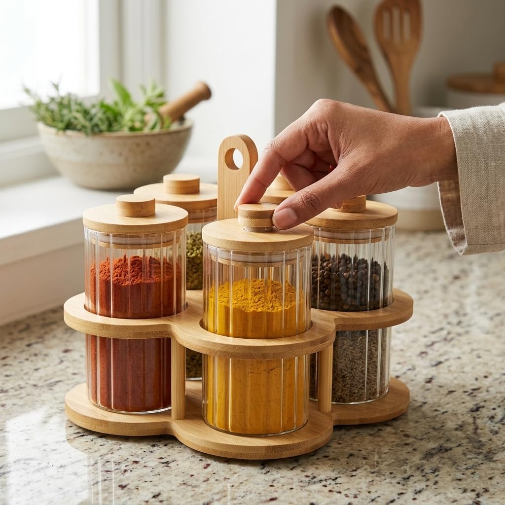 Classic Essentials Glass Storage Jar Set with Bamboo Rack, 8 Pieces, 300 ml Each, Airtight Glass Kitchen Organizer & Storage Containers for Tea, Coffee, Sugar, Spices, Dry Fruits & Pantry Organization