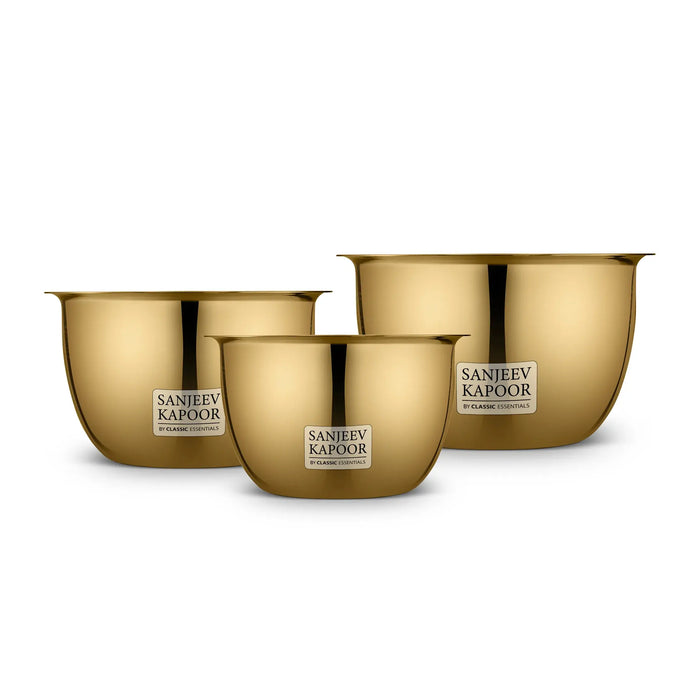 Set of 3 (750ml, 1000ml, 1500ml) Gold PVD Microwave Safe Stainless Steel Portion Bowl Set | Sanjeev Kapoor Series - Classic Essentials