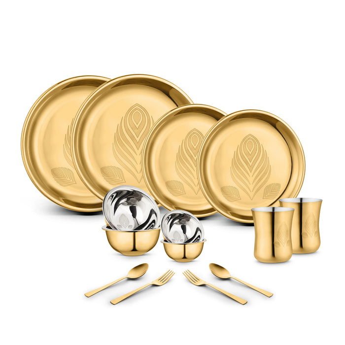 Classic Essentials 14-Piece Divine Stainless Steel Dinner Set | Premium PVD Coating | Permanent Laser Design