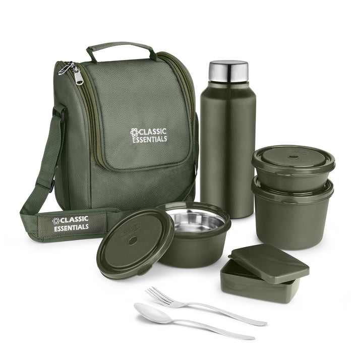 Classic Essentials Insulated Lunch Box Set with Bag for Office | 3 Food Containers, 750 ml Stainless Steel Bottle, Spoon & Fork | Stainless Steel Lunch Box for Men Supreme Lunch Box (Microwave Safe)  Green