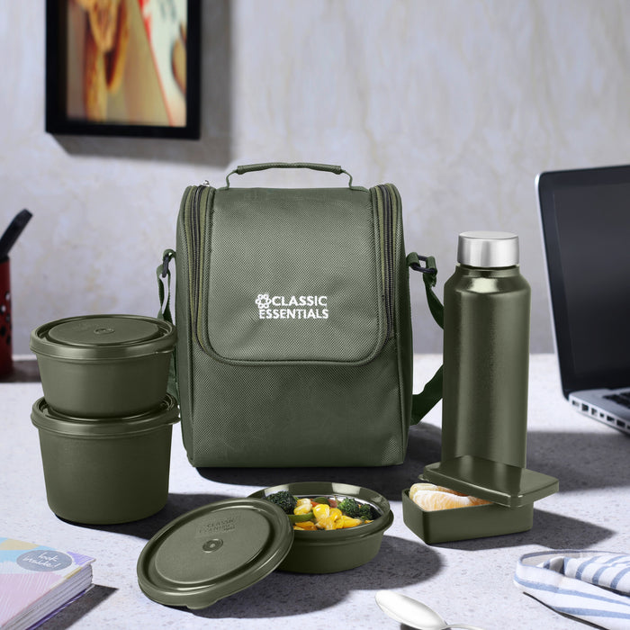 Classic Essentials Insulated Lunch Box Set with Bag for Office | 3 Food Containers, 750 ml Stainless Steel Bottle, Spoon & Fork | Stainless Steel Lunch Box for Men Supreme Lunch Box (Microwave Safe)  Green