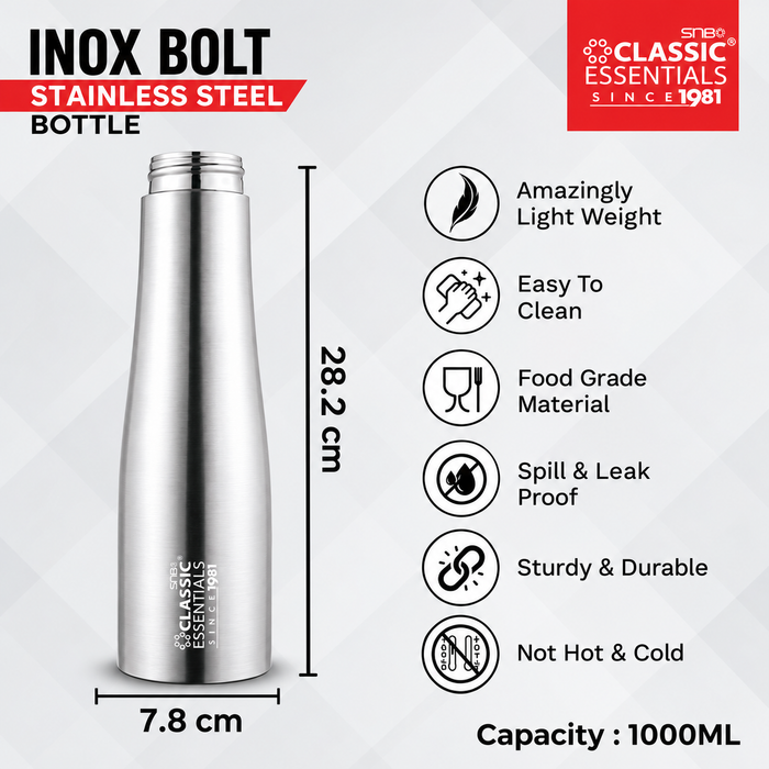 CLASSIC ESSENTIALS Single Walled Stainless Steel Bottle 1000ml | 100% Leak Proof | Office Bottle | Gym Bottle | Home | Kitchen | Hiking | Treking Bottle | Travel Bottle, BPA Free Eco Friendly