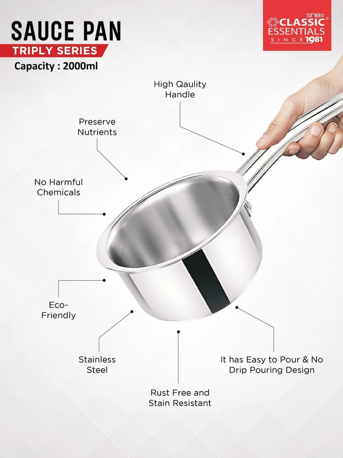 Classic Essentials Triply Sauce Pan, 3 Layer Stainless Steel Sauce Pan 18 cm diameter 2 L capacity