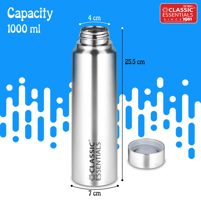 Stainless Steel Spring Hydrate Matt Finish Water Bottle For Fridge, School, Home, Office, Travel, Capacity -1000ml, Silver (Pack of 2)