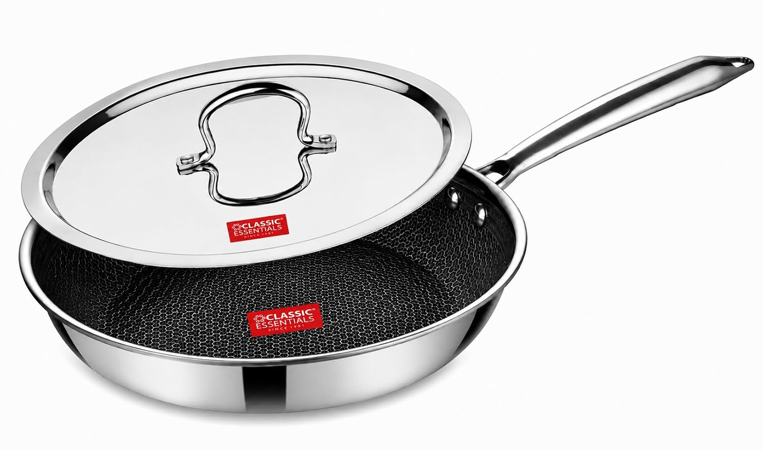 Classic Essentials Triply Stainless Steel Honeycomb 22 cm Non Stick Fry Pan with Lid 1.7 L | Hybrid Scratch Resistant Surface kadai | Induction & Gas Stove Compatible | Frying Pan for Everyday Cooking