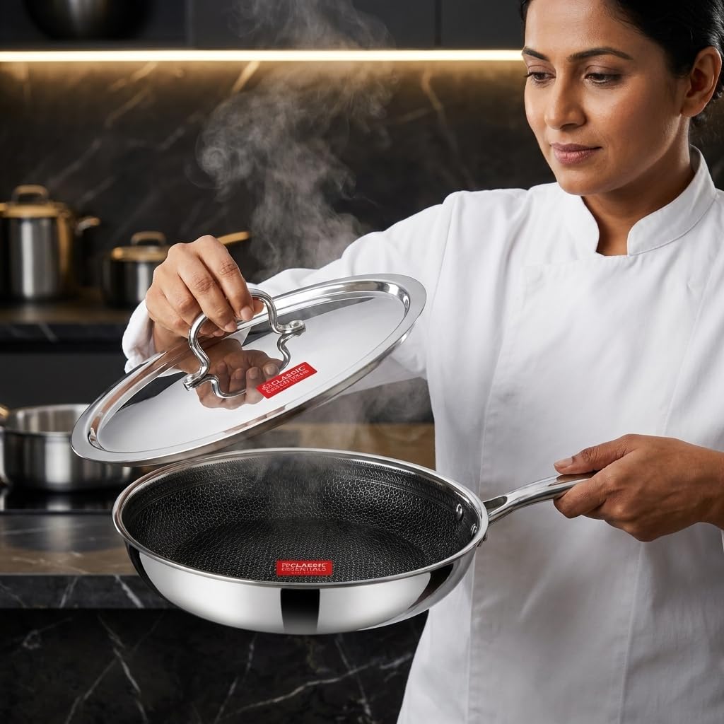 CLASSIC ESSENTIALS Triply Stainless Steel Honeycomb 24 cm Non Stick Fry Pan with Lid 2 L | Hybrid Scratch Resistant Surface kadai | Induction & Gas Stove Compatible | Frying Pan for Everyday Cooking
