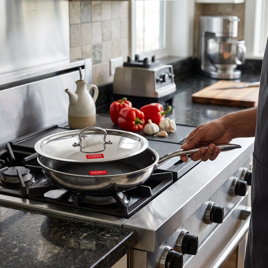 Classic Essentials Triply Stainless Steel Honeycomb 22 cm Non Stick Fry Pan with Lid 1.7 L | Hybrid Scratch Resistant Surface kadai | Induction & Gas Stove Compatible | Frying Pan for Everyday Cooking