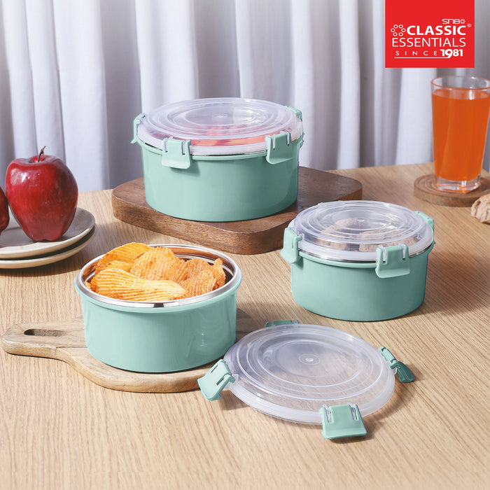 Classic Essentials Stainless Steel Klip Microwave Safe Leak & Spill Proof Food Storage & 3 Conatiners Lunch Box Set, Color: Green, Capacity: 2000ML