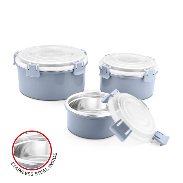 Classic Essentials Stainless Steel Klip Microwave Safe Leak & Spill Proof Food Storage & 3 Conatiners Lunch Box Set, Color: Grey, Capacity: 2000ML