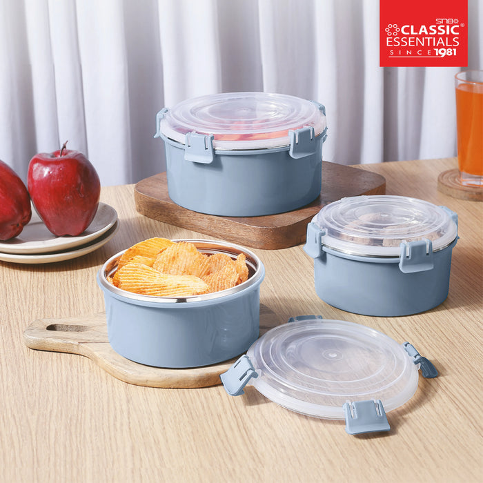 Classic Essentials Stainless Steel Klip Microwave Safe Leak & Spill Proof Food Storage & 3 Conatiners Lunch Box Set, Color: Grey, Capacity: 2000ML