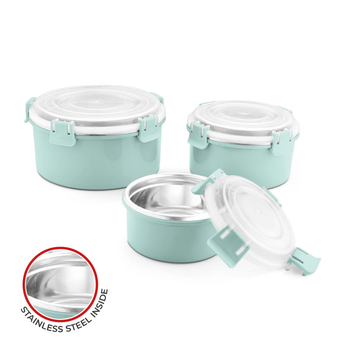 Classic Essentials Stainless Steel Klip Microwave Safe Leak & Spill Proof Food Storage & 3 Conatiners Lunch Box Set, Color: Green, Capacity: 2000ML