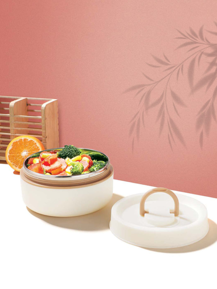 Classic Essentials Stainless Steel Liscious 1 Container Microwave Safe Round Lunch Box Set Capacity: 400ML, Color: White, (Pack of 1)