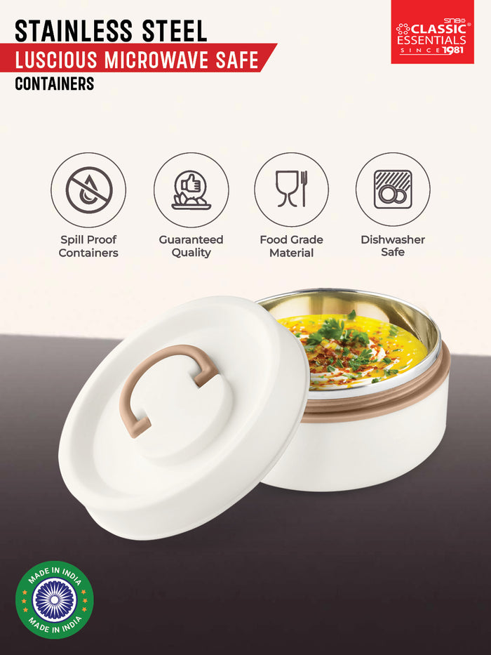 Classic Essentials Stainless Steel Liscious 1 Container Microwave Safe Round Lunch Box Set Capacity: 400ML, Color: White, (Pack of 1)