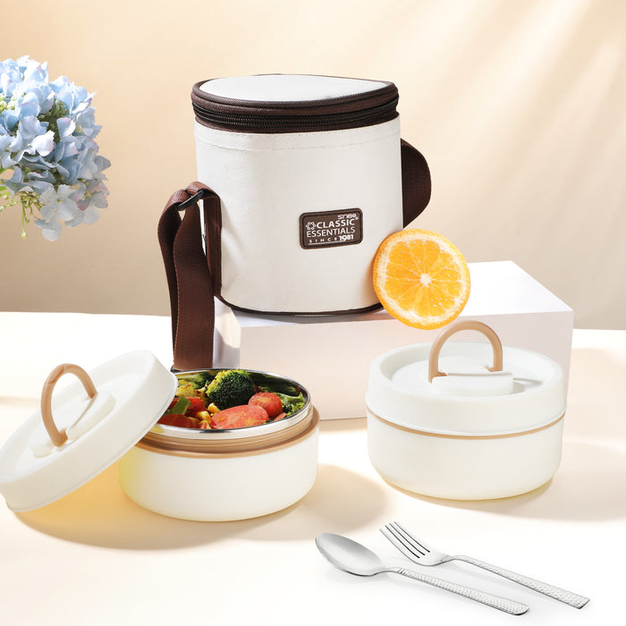 Classic Essentials Stainless Steel Liscious 2 Container Microwave Safe Round Lunch Box Set with (400ml +  400ml) Insulated Puff Bag, Capacity: 800ML, Color: White, (Pack of 2)