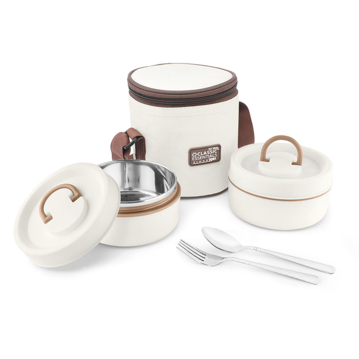 Classic Essentials Stainless Steel Liscious 2 Container Microwave Safe Round Lunch Box Set with (400ml +  400ml) Insulated Puff Bag, Capacity: 800ML, Color: White, (Pack of 2)