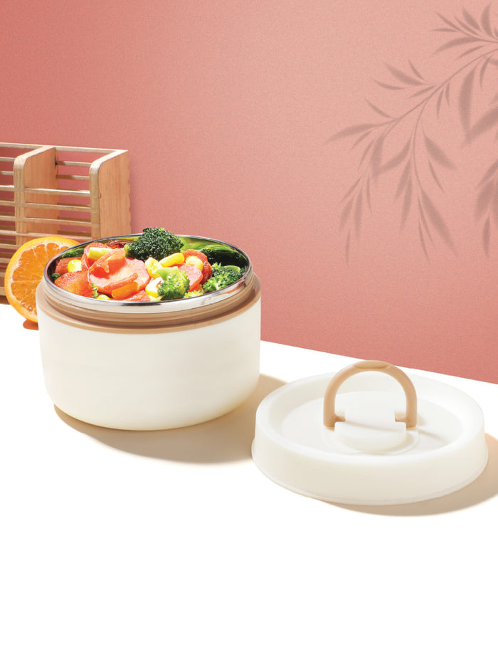 Classic Essentials Stainless Steel Liscious 1 Container Microwave Safe Round Lunch Box Set Capacity: 600ML, Color: White, (Pack of 1)