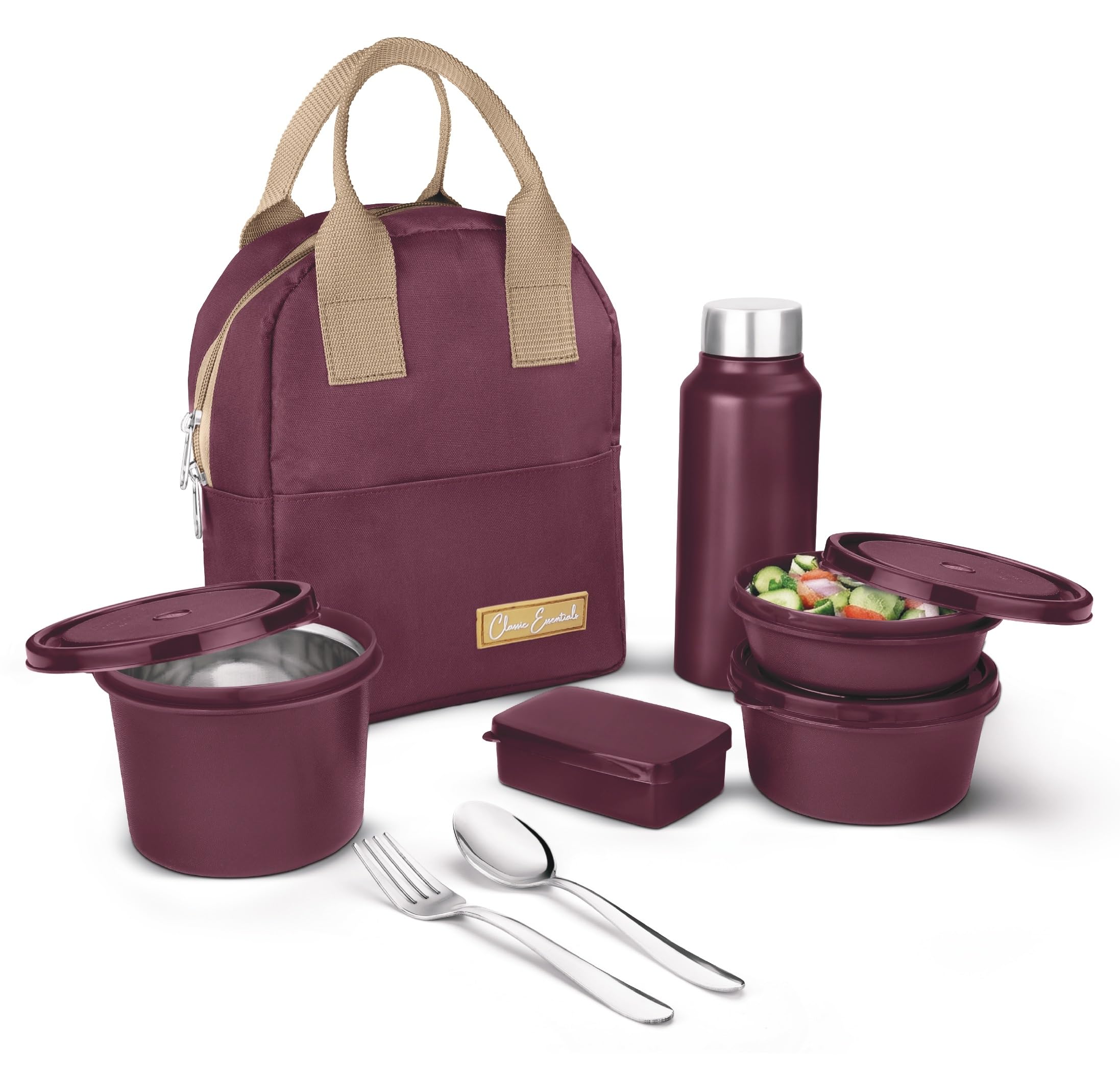 CLASSIC ESSENTIALS Fresh Microwave Safe Lunch Set of 5 | 250ml, 400ml & 600ml Containers | 600ml Steel Bottle, Insulated Carry Bag & Cutlery | Containers | BPA-Free Food Storage Set-Black