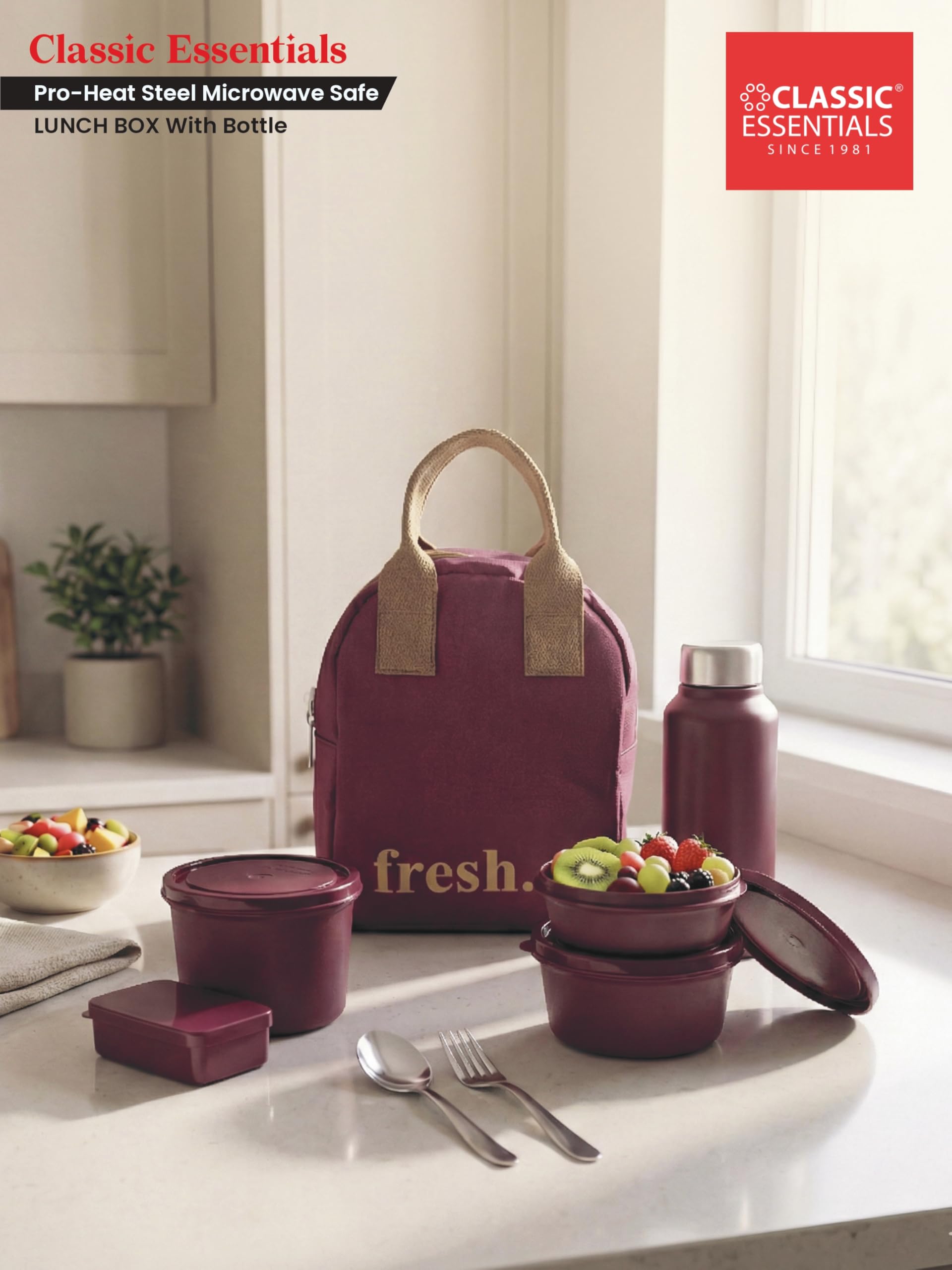 CLASSIC ESSENTIALS Fresh Microwave Safe Lunch Set of 5 | 250ml, 400ml & 600ml Containers | 600ml Steel Bottle, Insulated Carry Bag & Cutlery | Containers | BPA-Free Food Storage Set-Black