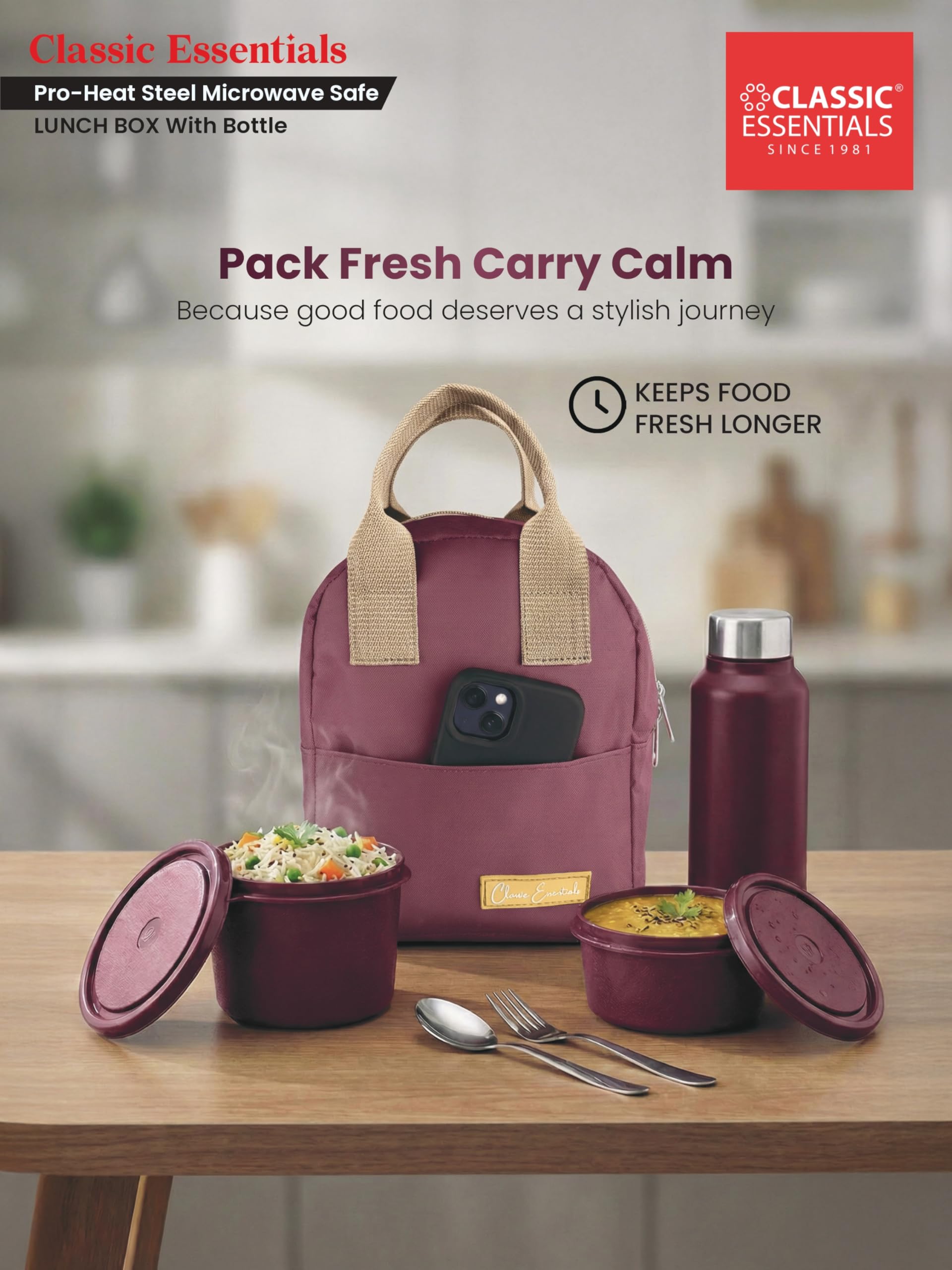 CLASSIC ESSENTIALS Fresh Microwave Safe Lunch Set of 5 | 250ml, 400ml & 600ml Containers | 600ml Steel Bottle, Insulated Carry Bag & Cutlery | Containers | BPA-Free Food Storage Set-Black
