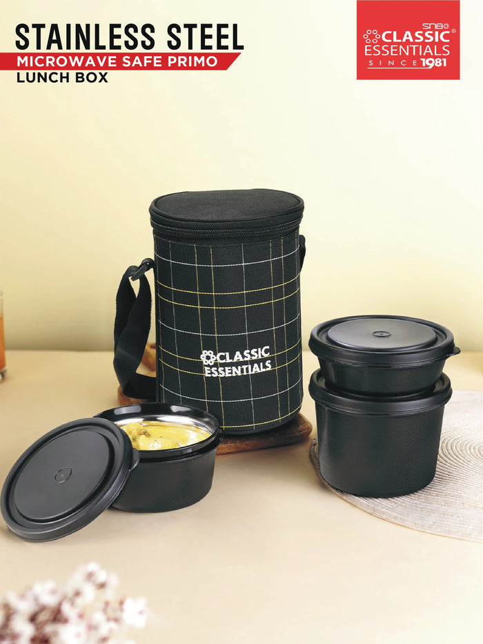 CLASSIC ESSENTIALS Lunch Box, Microwave Safe & Leak Proof, 3 Inside Steel Containers with BPA Free Lids (250ml, 400ml & 600ml), Insulated Fabric Bag (Black)
