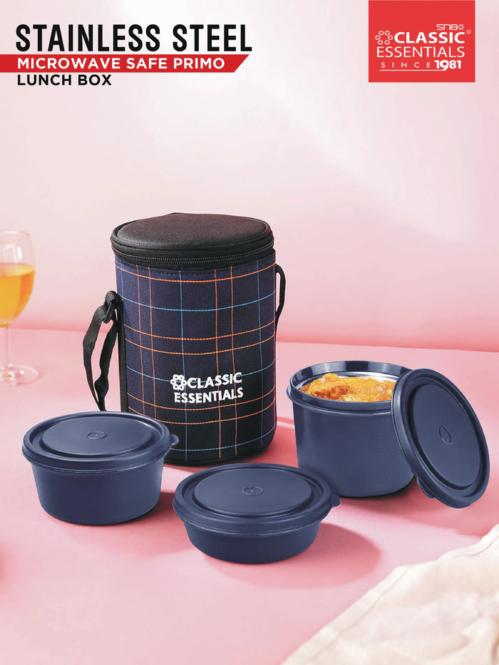 CLASSIC ESSENTIALS Lunch Box, Microwave Safe & Leak Proof, 3 Inside Steel Containers with BPA Free Lids (250ml, 400ml & 600ml), Insulated Fabric Bag (Blue)