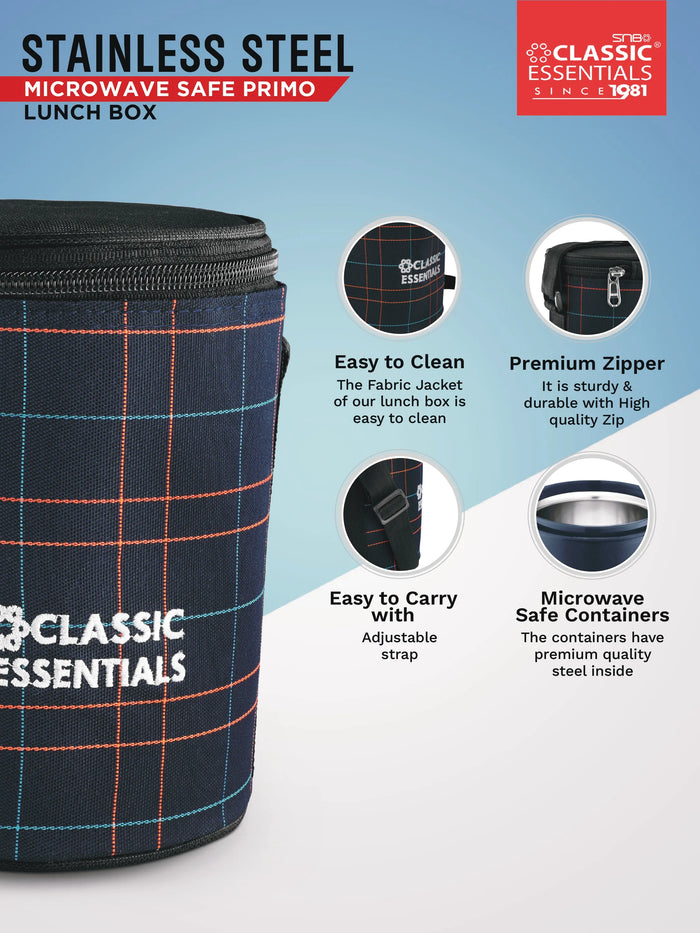 CLASSIC ESSENTIALS Lunch Box, Microwave Safe & Leak Proof, 3 Inside Steel Containers with BPA Free Lids (250ml, 400ml & 600ml), Insulated Fabric Bag (Blue)