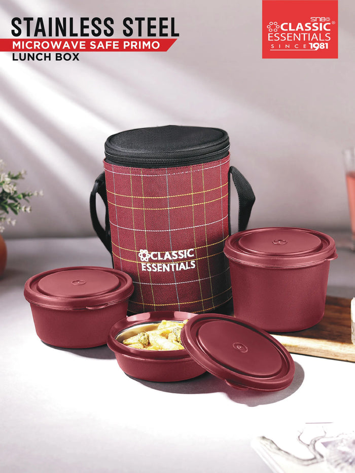 CLASSIC ESSENTIALS Lunch Box, Microwave Safe & Leak Proof, 3 Inside Steel Containers with BPA Free Lids (250ml, 400ml & 600ml), Insulated Fabric Bag (Maroon)