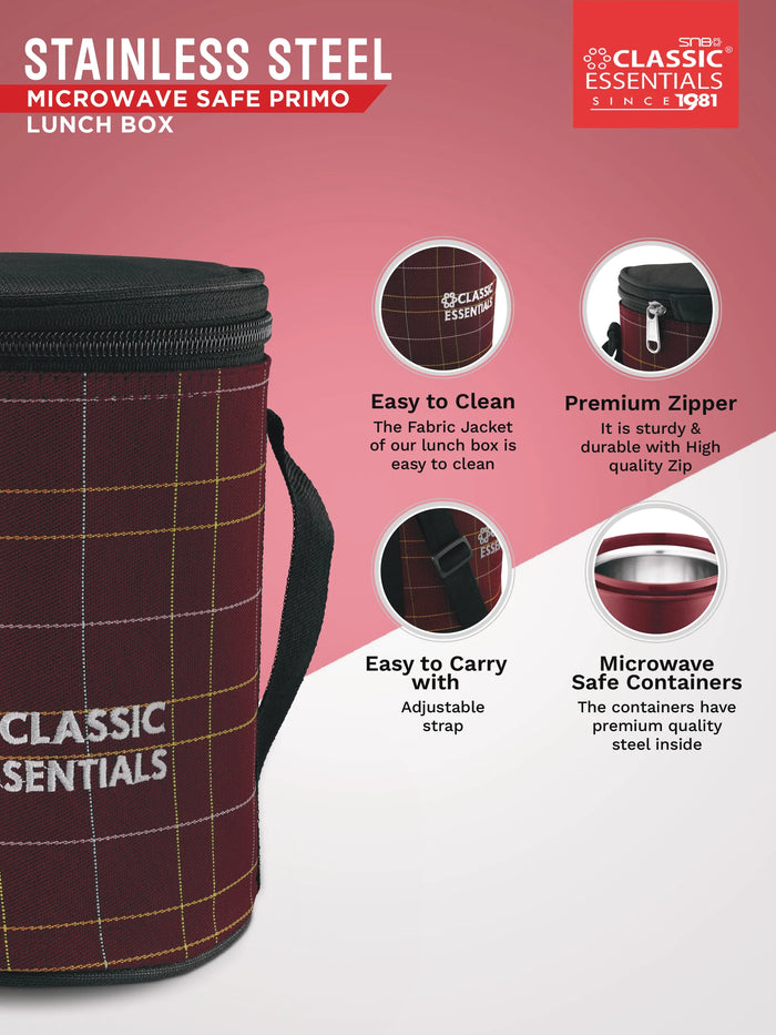 CLASSIC ESSENTIALS Lunch Box, Microwave Safe & Leak Proof, 3 Inside Steel Containers with BPA Free Lids (250ml, 400ml & 600ml), Insulated Fabric Bag (Maroon)