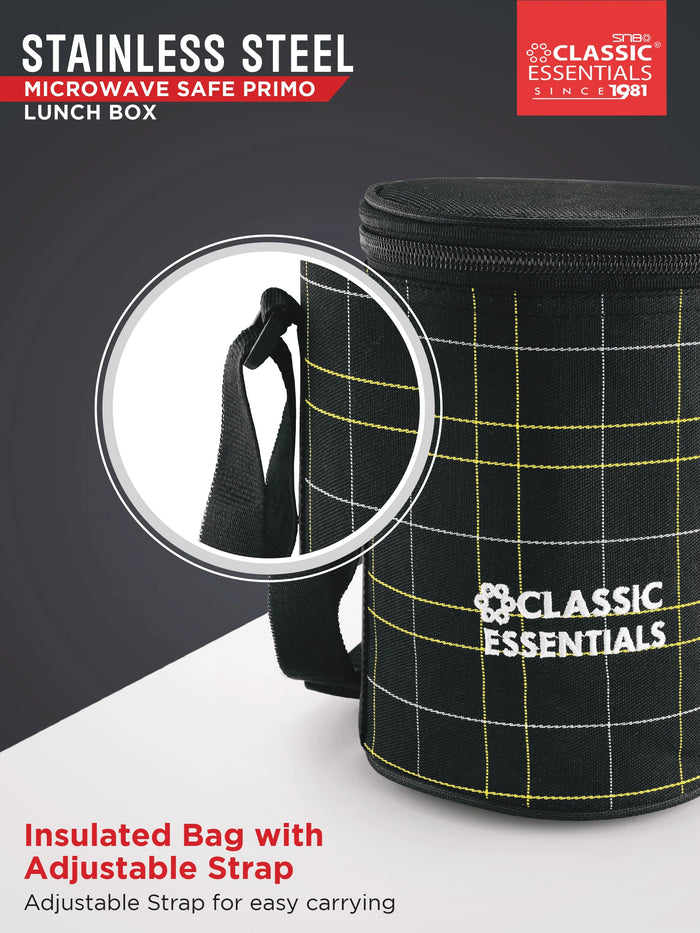 CLASSIC ESSENTIALS Lunch Box, Microwave Safe & Leak Proof, 3 Inside Steel Containers with BPA Free Lids (250ml, 400ml & 600ml), Insulated Fabric Bag (Black)