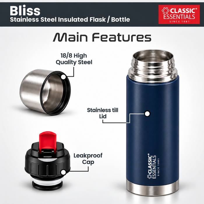 Classic Essentials Insulated Double Wall Vacuum Stainless Steel Water Bottle with Leakproof Lid 750 ml Steel Flask Navy Blue