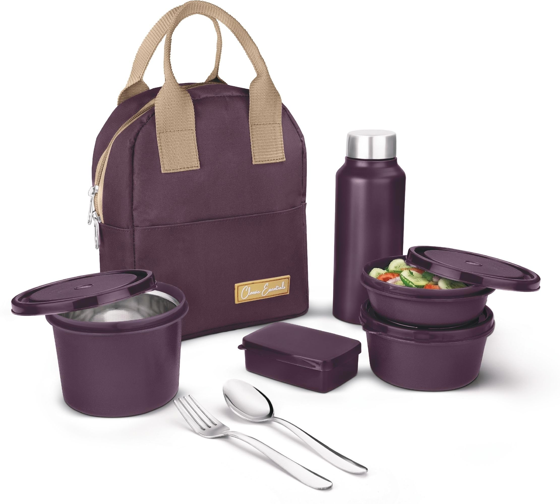 CLASSIC ESSENTIALS Fresh Microwave Safe Lunch Set of 5 | 250ml, 400ml & 600ml Containers | 600ml Steel Bottle, Insulated Carry Bag & Cutlery | Containers | BPA-Free Food Storage Set-Purple 
