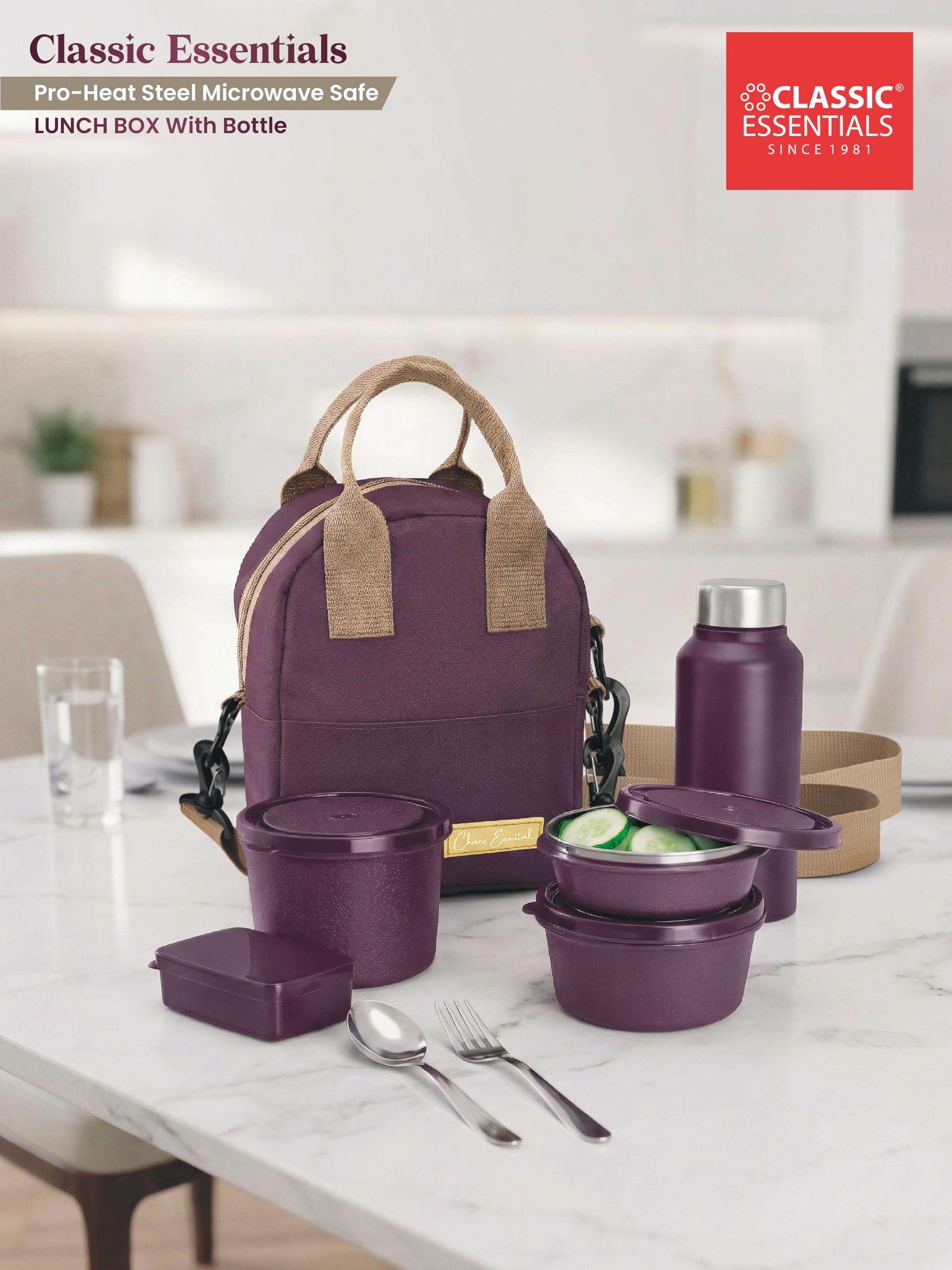 CLASSIC ESSENTIALS Fresh Microwave Safe Lunch Set of 5 | 250ml, 400ml & 600ml Containers | 600ml Steel Bottle, Insulated Carry Bag & Cutlery | Containers | BPA-Free Food Storage Set-Purple 
