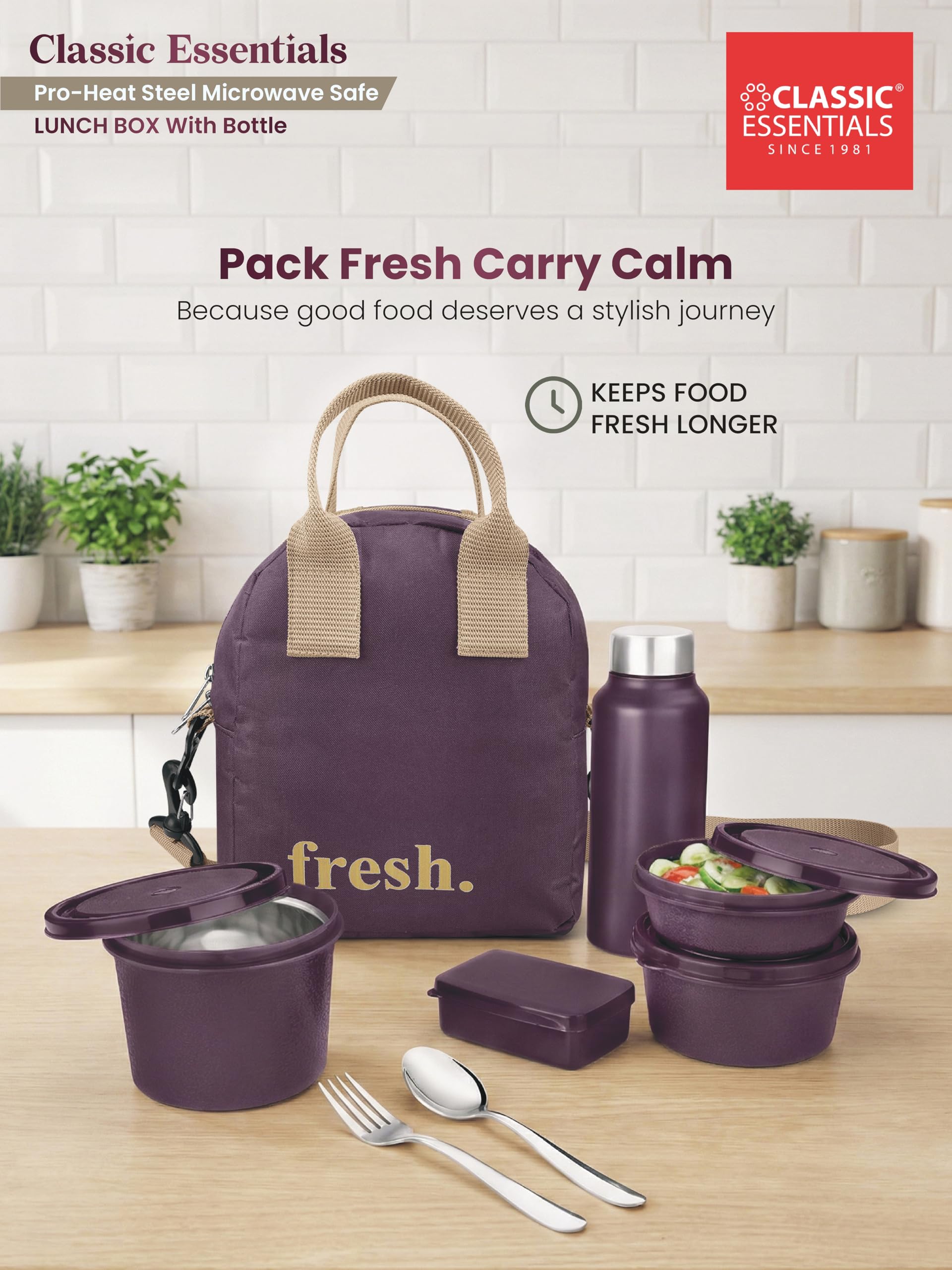 CLASSIC ESSENTIALS Fresh Microwave Safe Lunch Set of 5 | 250ml, 400ml & 600ml Containers | 600ml Steel Bottle, Insulated Carry Bag & Cutlery | Containers | BPA-Free Food Storage Set-Purple 