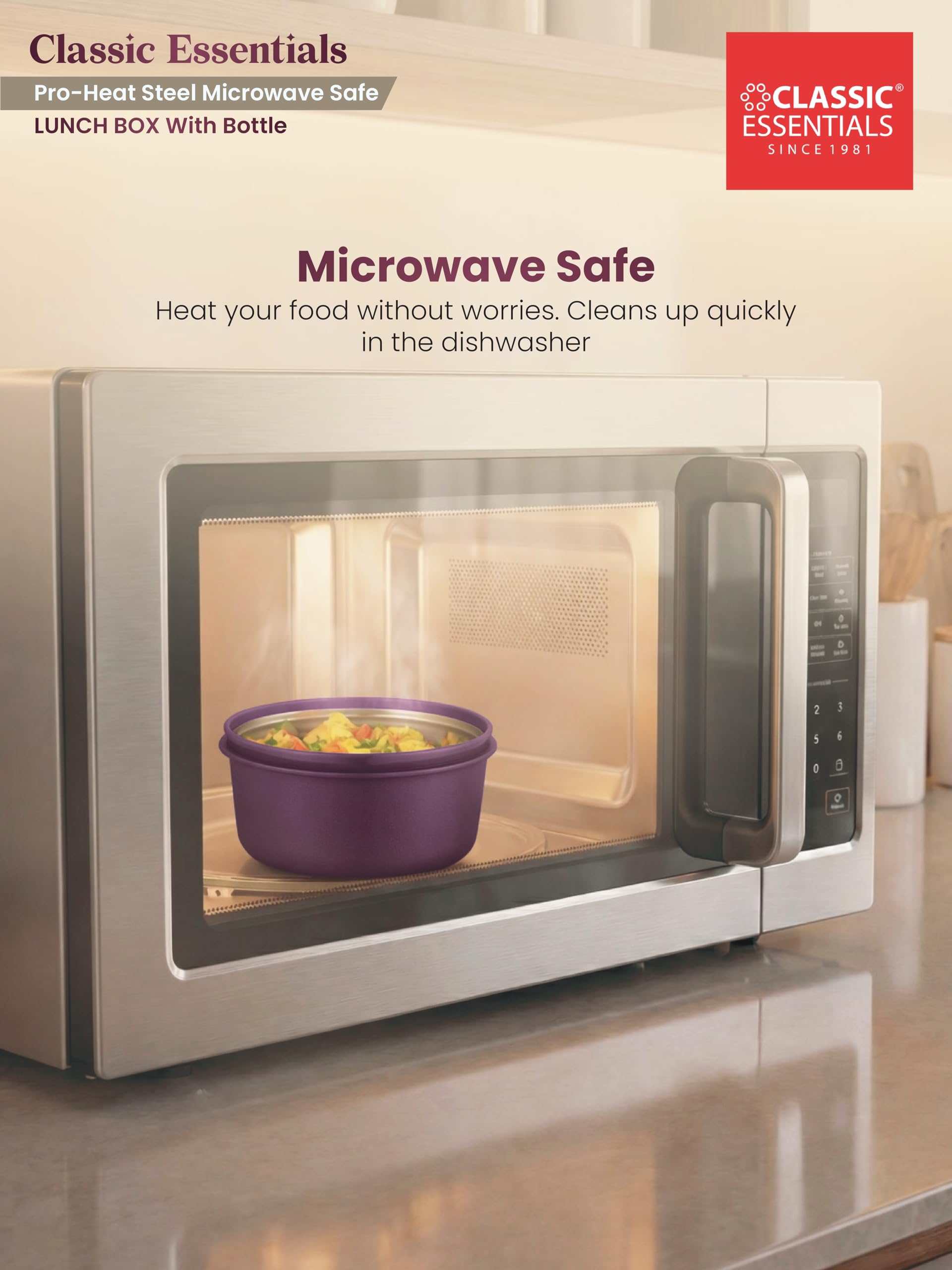 CLASSIC ESSENTIALS Fresh Microwave Safe Lunch Set of 5 | 250ml, 400ml & 600ml Containers | 600ml Steel Bottle, Insulated Carry Bag & Cutlery | Containers | BPA-Free Food Storage Set-Purple 