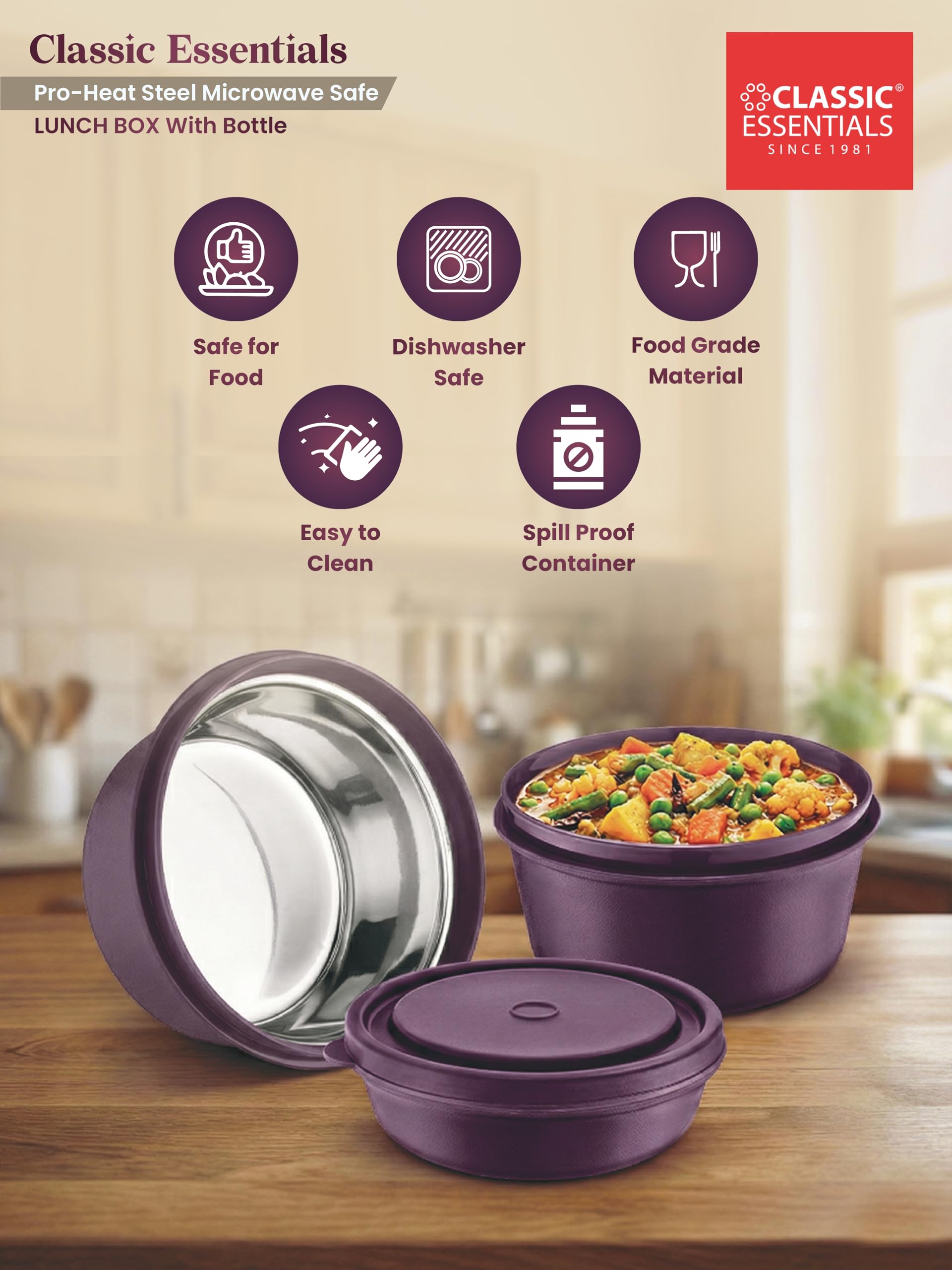 CLASSIC ESSENTIALS Fresh Microwave Safe Lunch Set of 5 | 250ml, 400ml & 600ml Containers | 600ml Steel Bottle, Insulated Carry Bag & Cutlery | Containers | BPA-Free Food Storage Set-Purple 