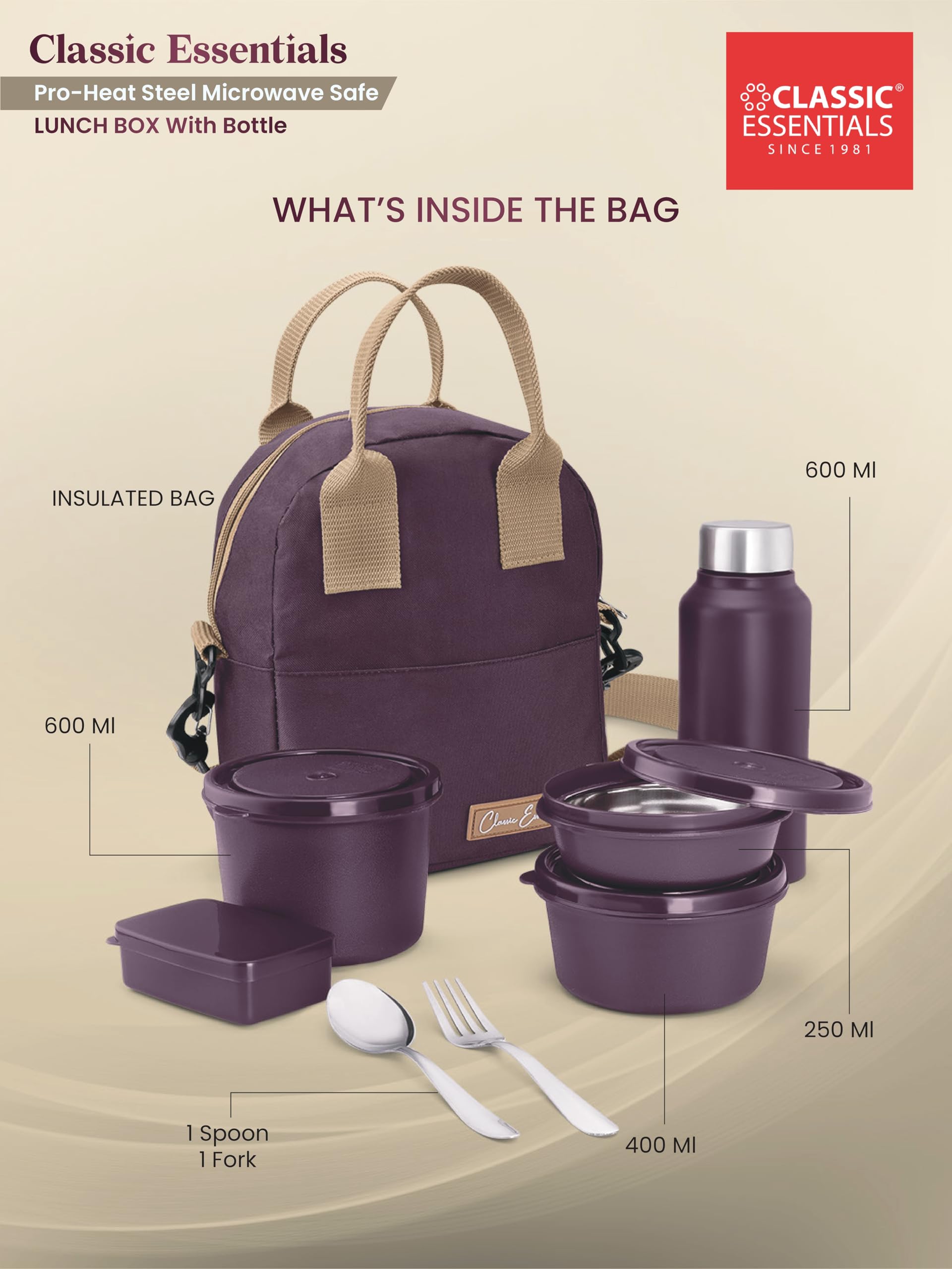 CLASSIC ESSENTIALS Fresh Microwave Safe Lunch Set of 5 | 250ml, 400ml & 600ml Containers | 600ml Steel Bottle, Insulated Carry Bag & Cutlery | Containers | BPA-Free Food Storage Set-Purple 
