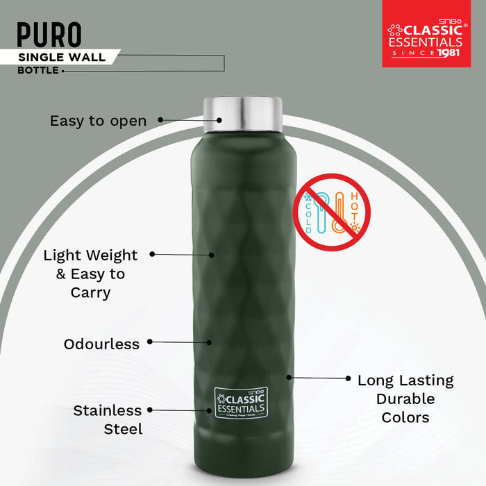 Stainless Steel Inox Puro Matt Finish Water Bottle For Fridge, School, Home, Office, Travel, Capacity -1000ml, Military Green (Pack of 1)