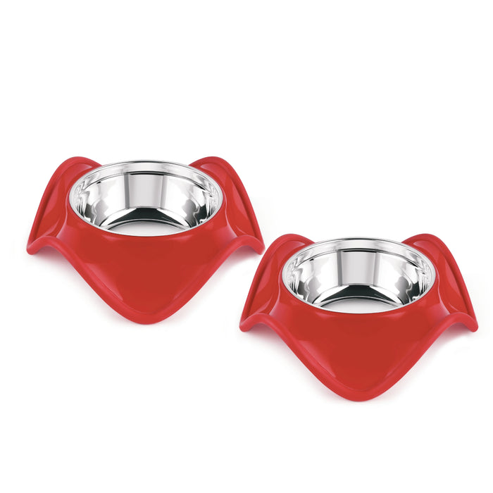 Red Bolge Pet Bowls  Combo (Set of 2) | Patented Wave Design | Anti-Skid | Stainless Steel | Made in India