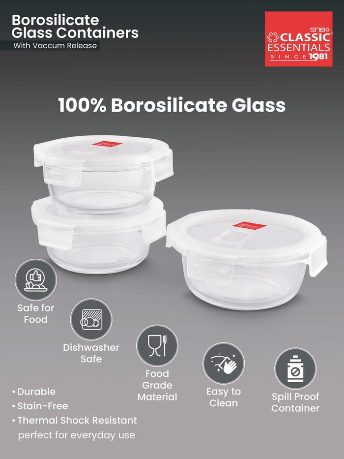 Classic Essentials Round Borosilicate Glass Microwave Safe Lunch Box Set with Lids, 3 Containers x 400 ml, Glass Office Tiffin for Food Storage