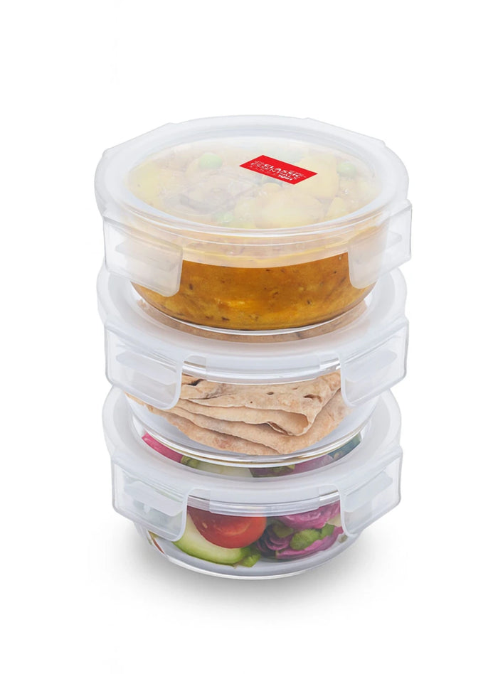 Classic Essentials Round Borosilicate Glass Microwave Safe Lunch Box Set with Lids, 3 Containers x 400 ml, Glass Office Tiffin for Food Storage