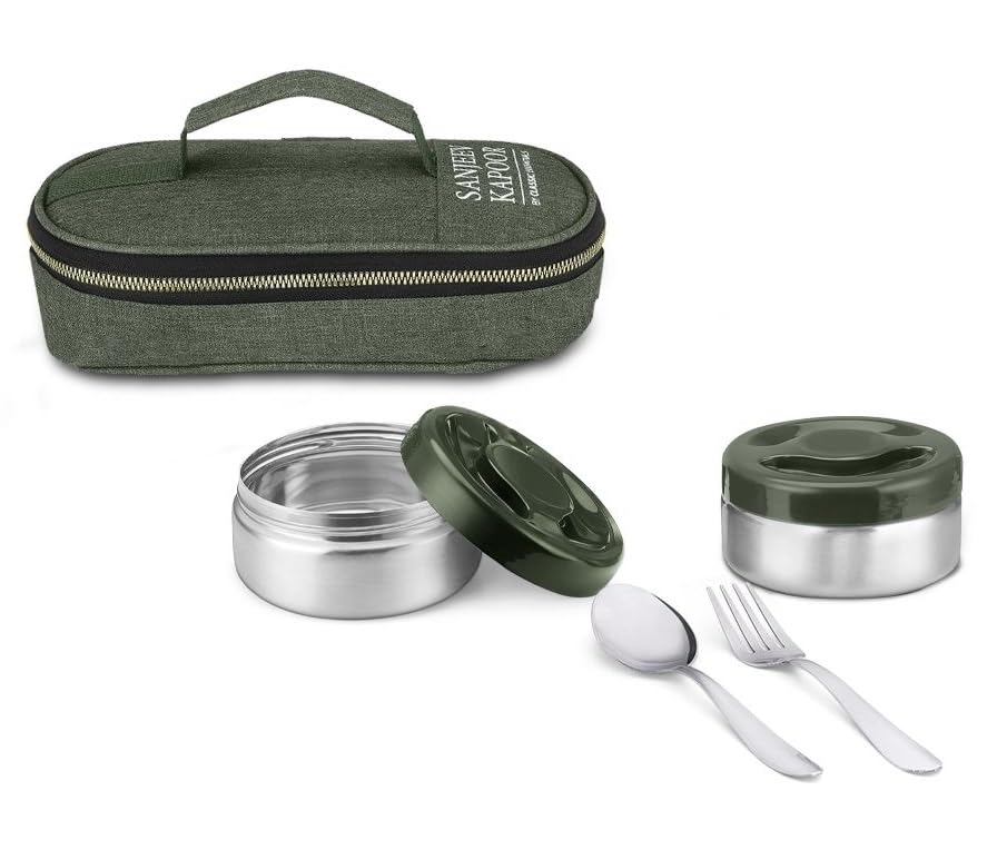 Sanjeev Kapoor by Classic Essentials Nutri Nest Insulated Lunch Box | 2 x 400ml Leak Proof Stainless Steel Tiffin Box with Bag & Cutlery | Microwave Friendly Lunch Box for Office & School | Green