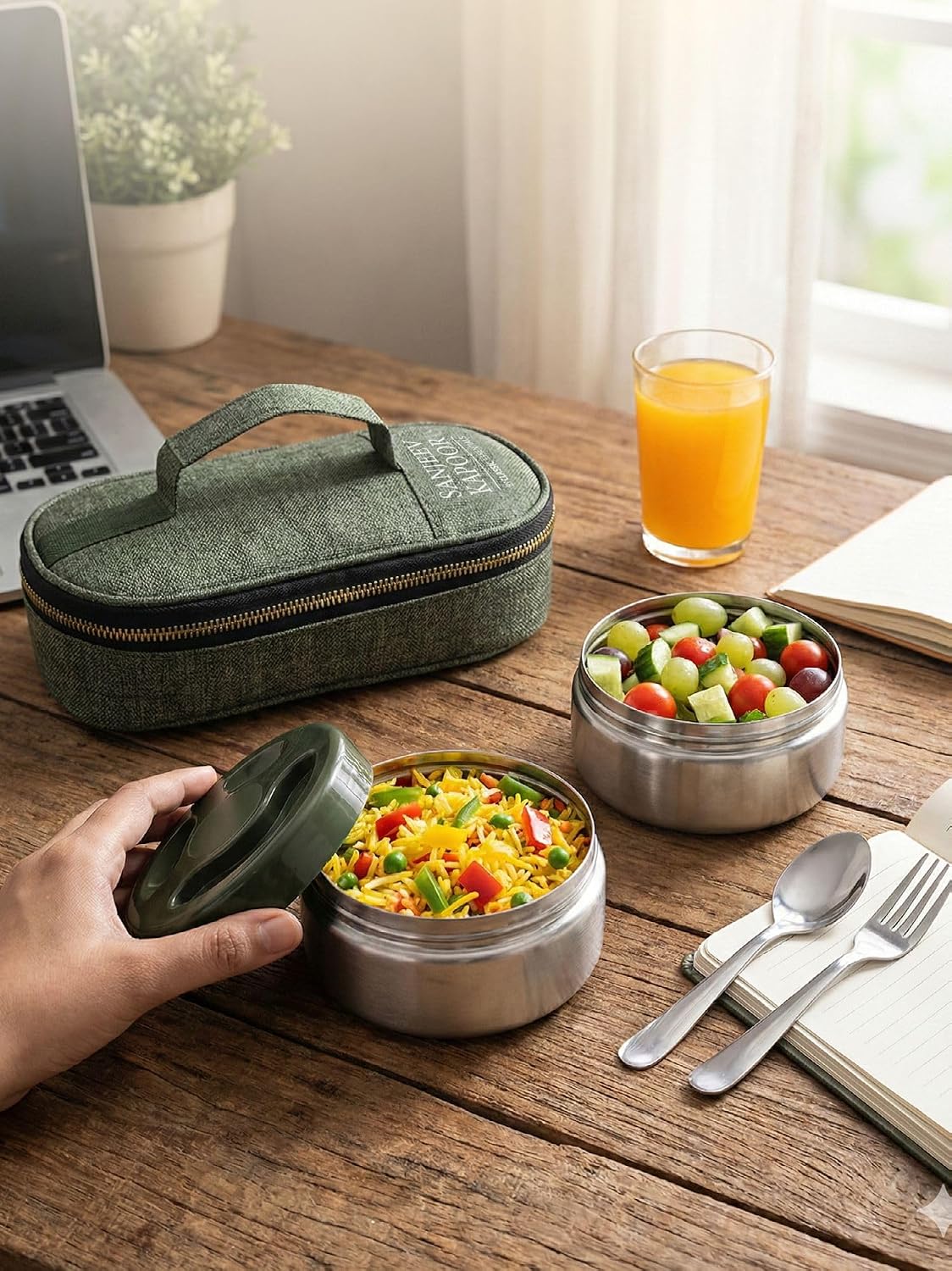 Sanjeev Kapoor by Classic Essentials Nutri Nest Insulated Lunch Box | 2 x 400ml Leak Proof Stainless Steel Tiffin Box with Bag & Cutlery | Microwave Friendly Lunch Box for Office & School | Green