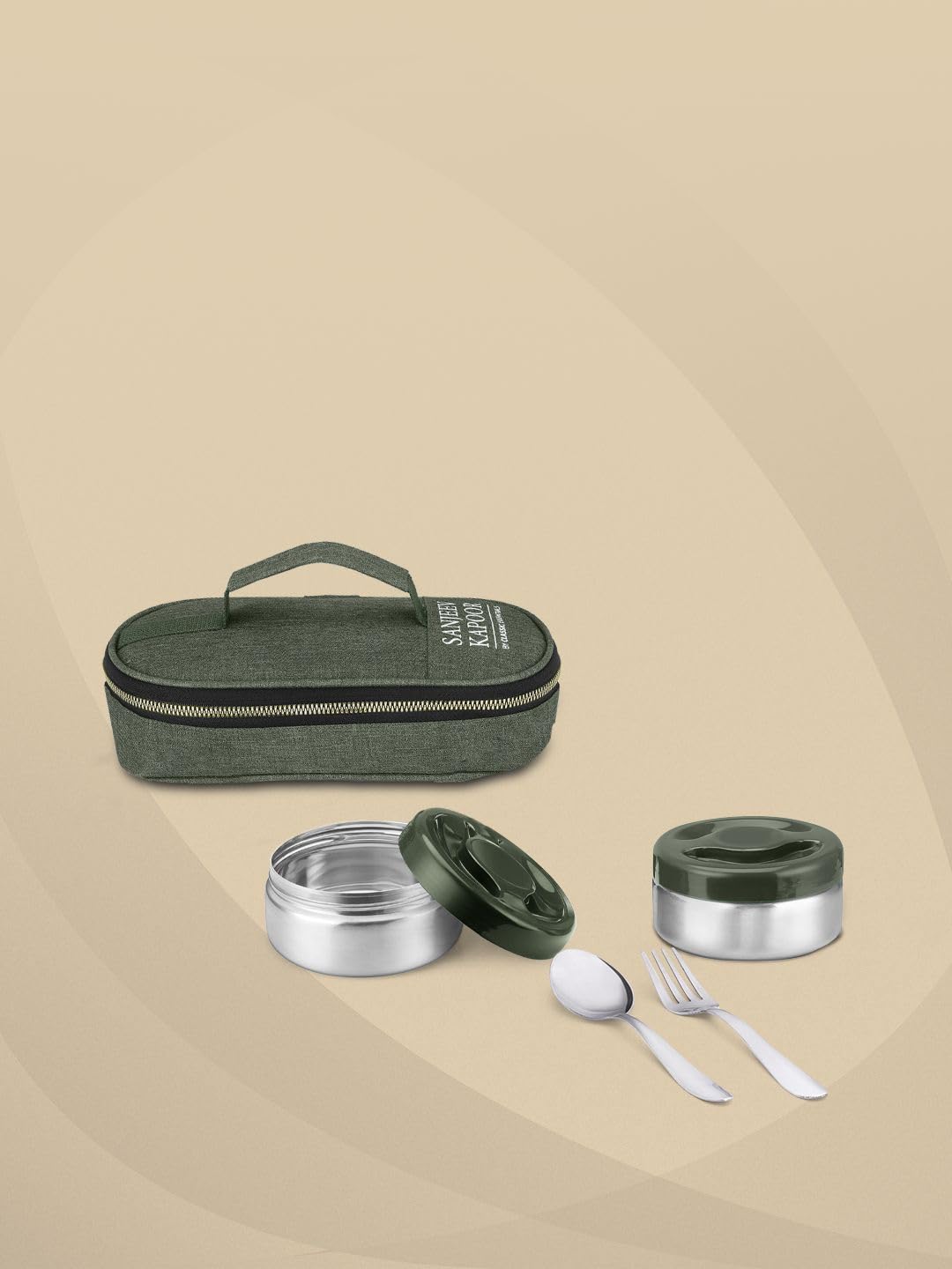 Sanjeev Kapoor by Classic Essentials Nutri Nest Insulated Lunch Box | 2 x 400ml Leak Proof Stainless Steel Tiffin Box with Bag & Cutlery | Microwave Friendly Lunch Box for Office & School | Green