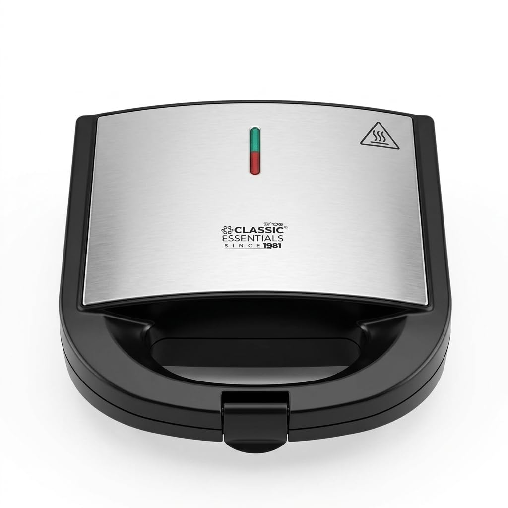Classic Essentials 750W 4-Slice Sandwich Maker Non-Stick Dual Grill Plates | Quick & Even Heating | Grill & Toast Sandwich Maker | Cool Touch Handle with Press Lock | Smart Power Indicator | Black