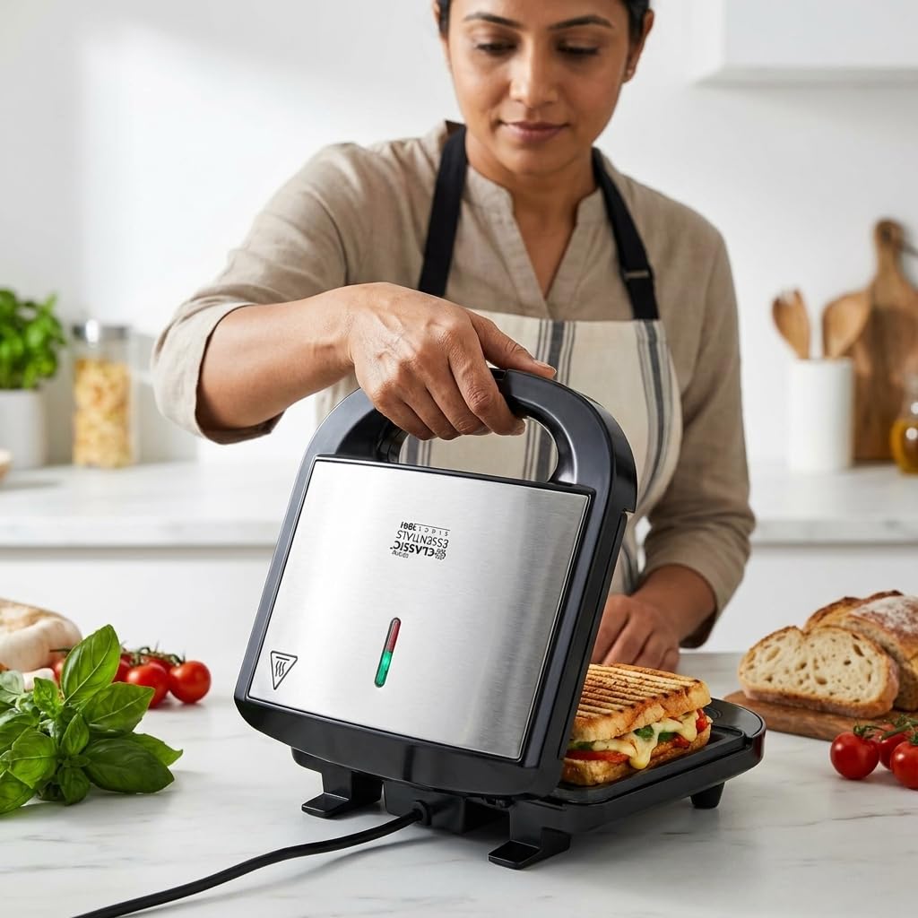 Classic Essentials 750W 4-Slice Sandwich Maker Non-Stick Dual Grill Plates | Quick & Even Heating | Grill & Toast Sandwich Maker | Cool Touch Handle with Press Lock | Smart Power Indicator | Black